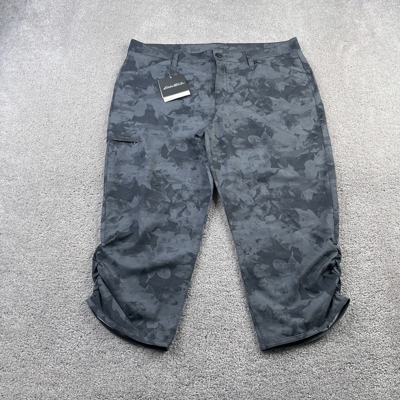 Eddie Bauer Pants Womens 14 Grey Camo Adventurer Capri Rouched Hiking NEW NWT - Picture 1 of 12